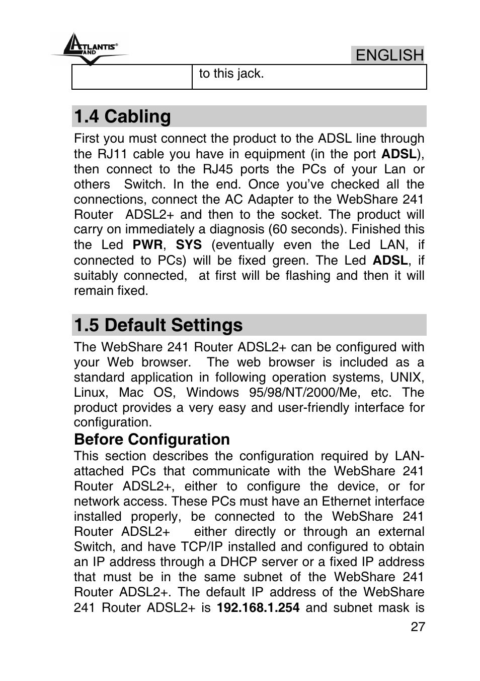 4 cabling, 5 default settings | Atlantis Land WEBSHARE A02-RA241 User Manual | Page 27 / 78