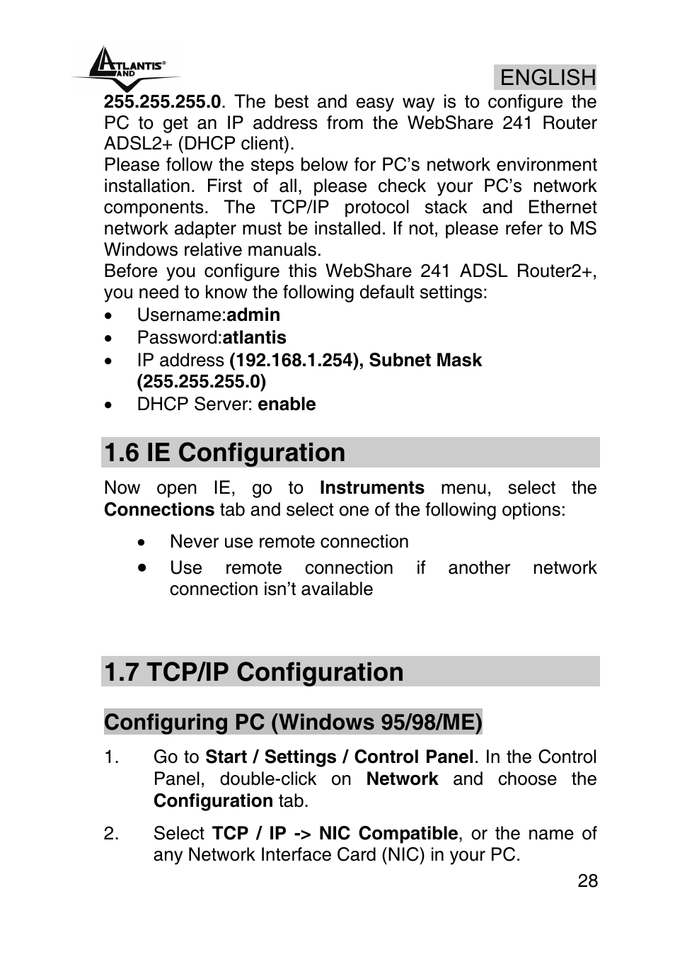 6 ie configuration, 7 tcp/ip configuration, English | Configuring pc (windows 95/98/me) | Atlantis Land WEBSHARE A02-RA241 User Manual | Page 28 / 78