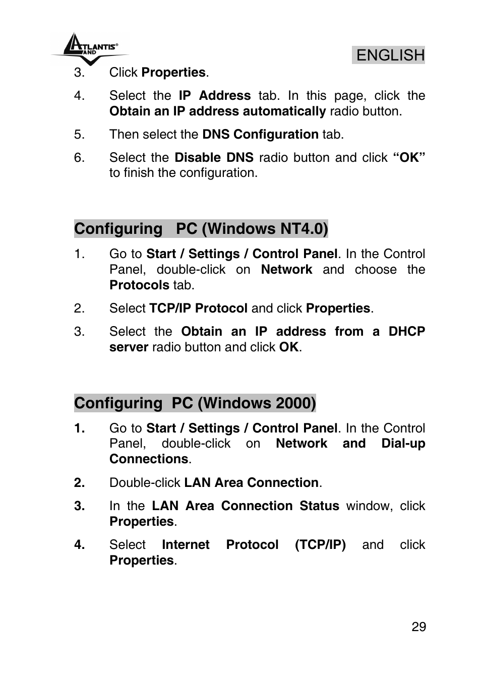 English, Configuring pc (windows nt4.0), Configuring pc (windows 2000) | Atlantis Land WEBSHARE A02-RA241 User Manual | Page 29 / 78