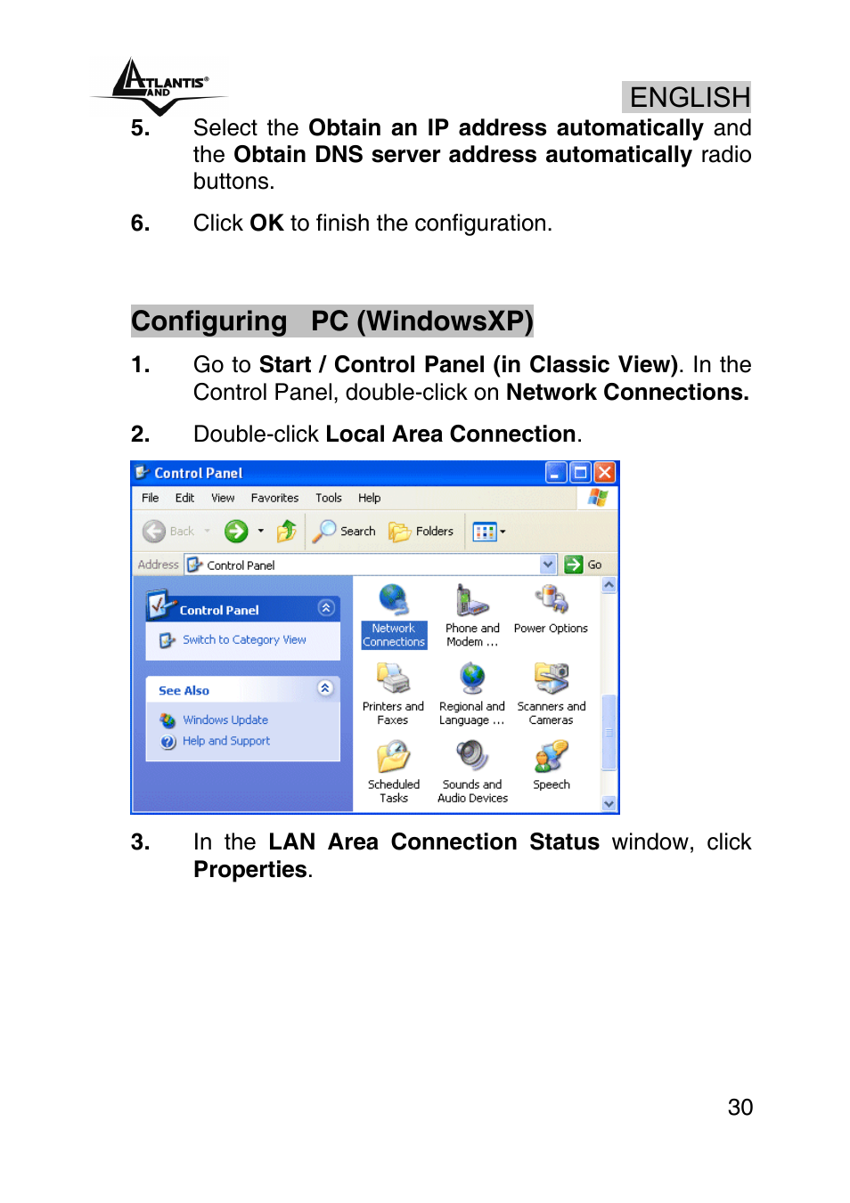 English, Configuring pc (windowsxp) | Atlantis Land WEBSHARE A02-RA241 User Manual | Page 30 / 78