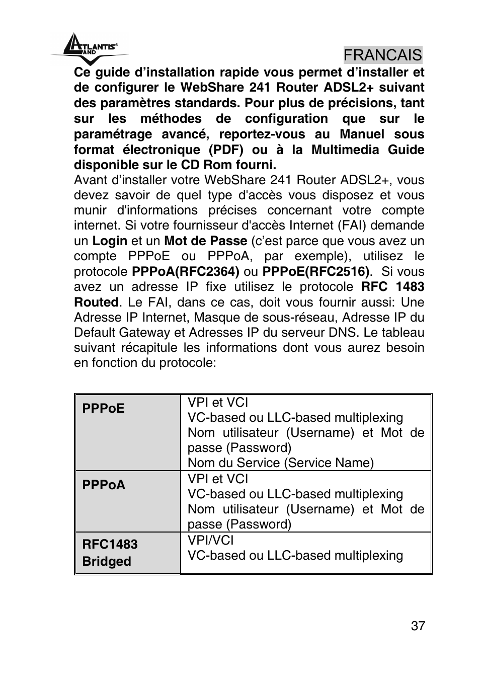 Francais | Atlantis Land WEBSHARE A02-RA241 User Manual | Page 37 / 78