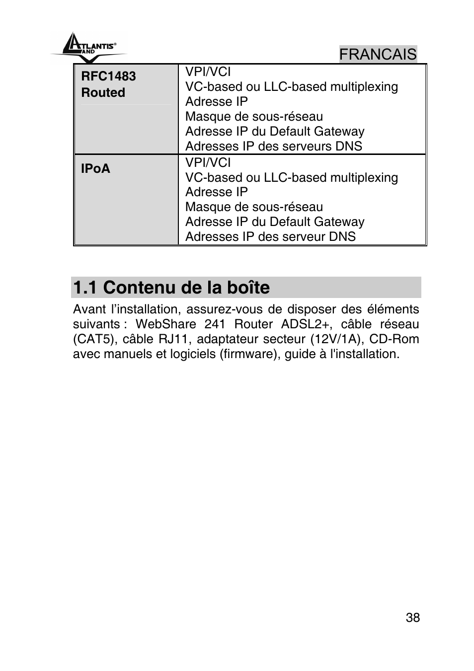 1 contenu de la boîte, Francais | Atlantis Land WEBSHARE A02-RA241 User Manual | Page 38 / 78