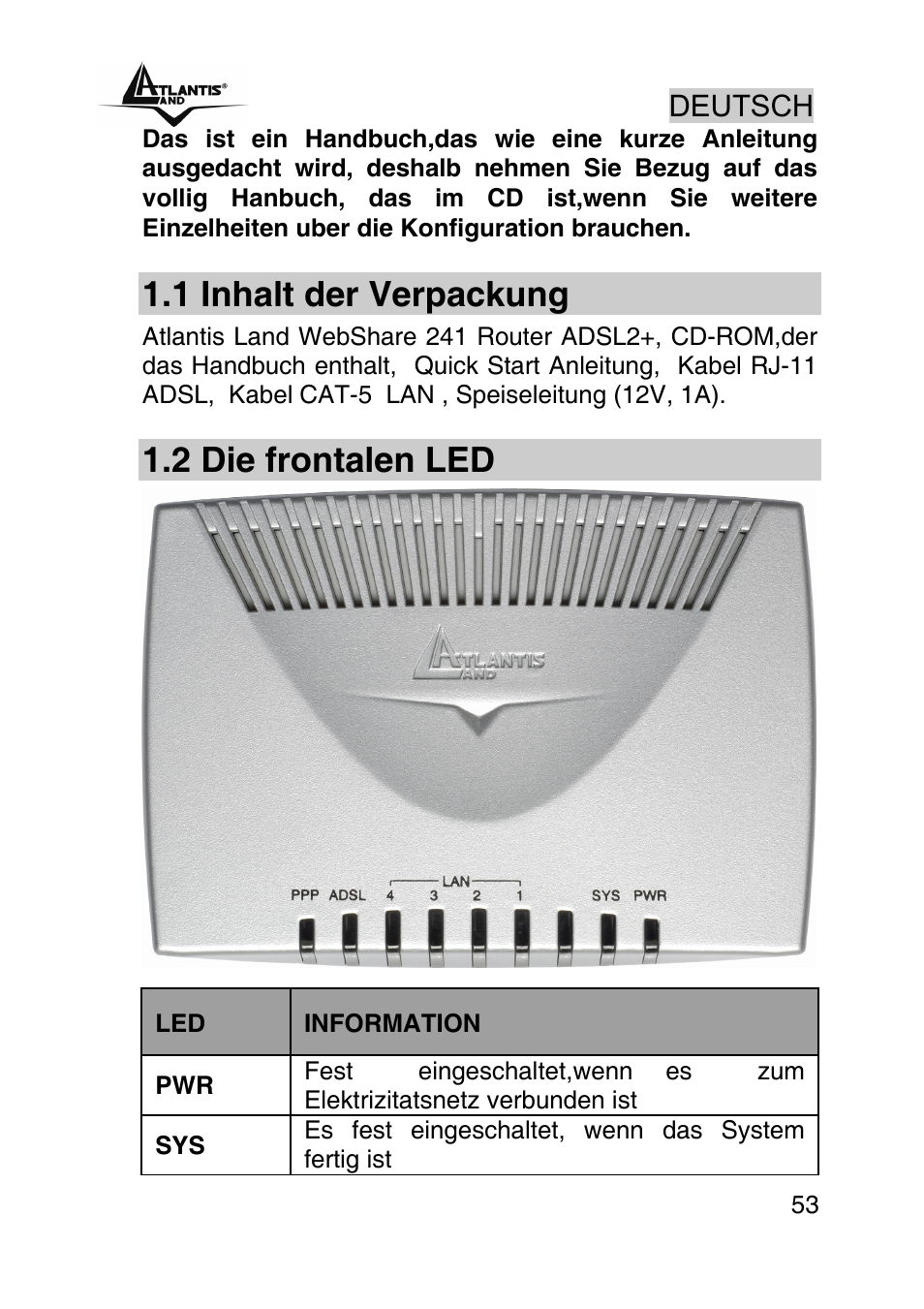 Deutsch, 1 inhalt der verpackung, 2 die frontalen led | Atlantis Land WEBSHARE A02-RA241 User Manual | Page 53 / 78