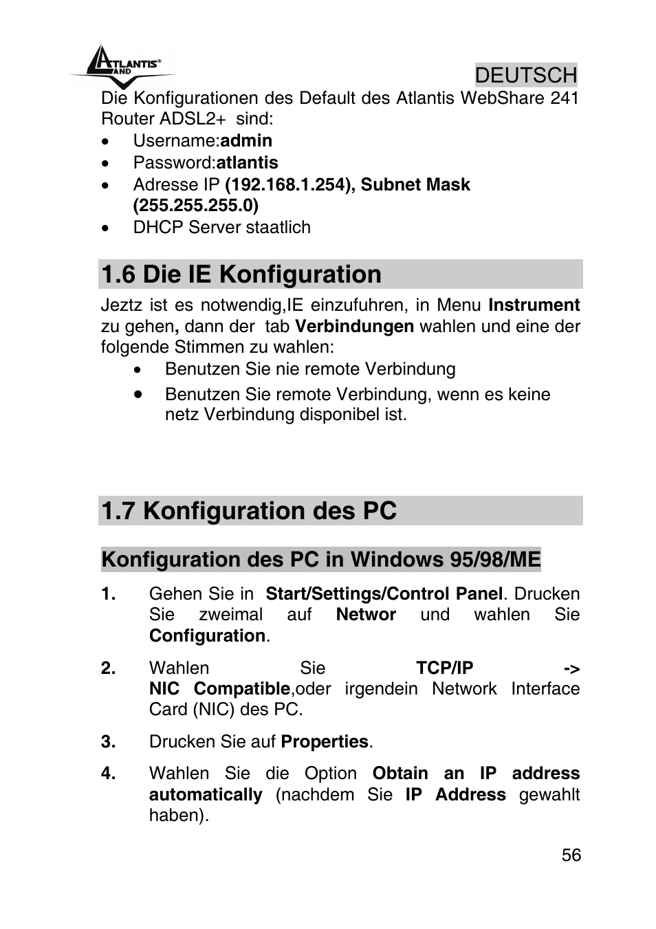 6 die ie konfiguration, 7 konfiguration des pc | Atlantis Land WEBSHARE A02-RA241 User Manual | Page 56 / 78