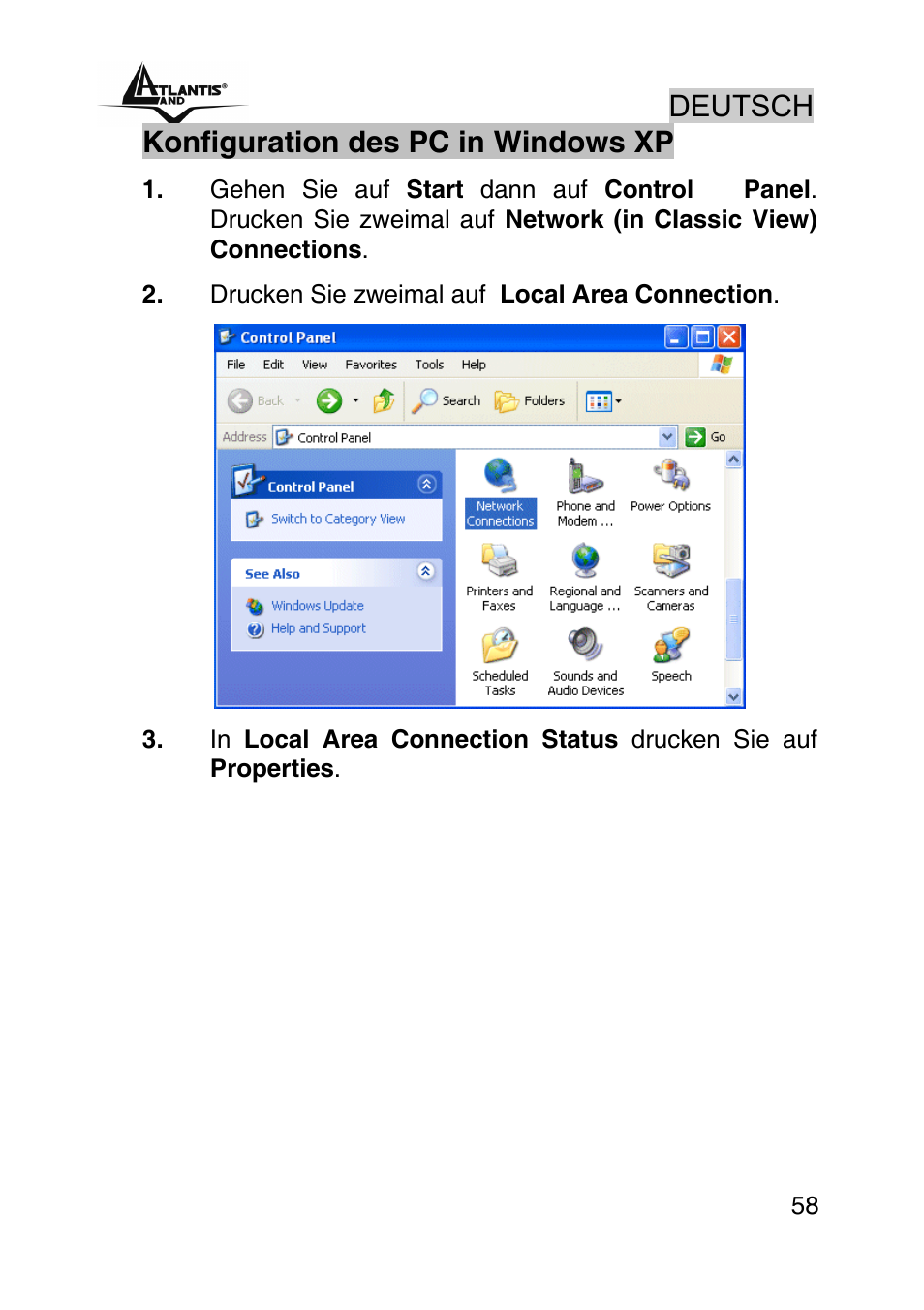 Deutsch, Konfiguration des pc in windows xp | Atlantis Land WEBSHARE A02-RA241 User Manual | Page 58 / 78