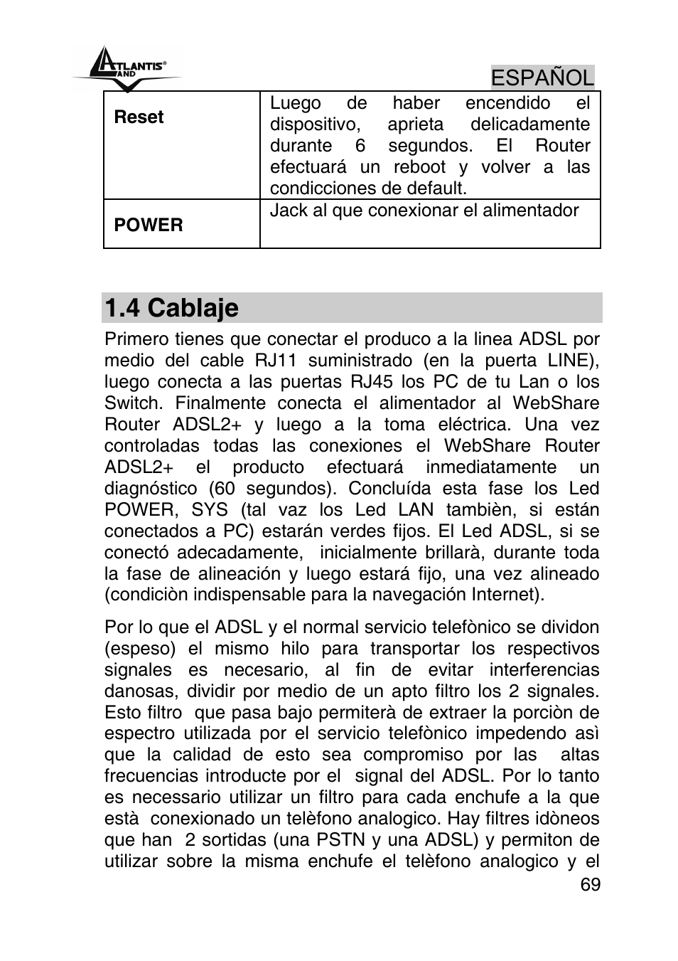 4 cablaje, Español | Atlantis Land WEBSHARE A02-RA241 User Manual | Page 69 / 78