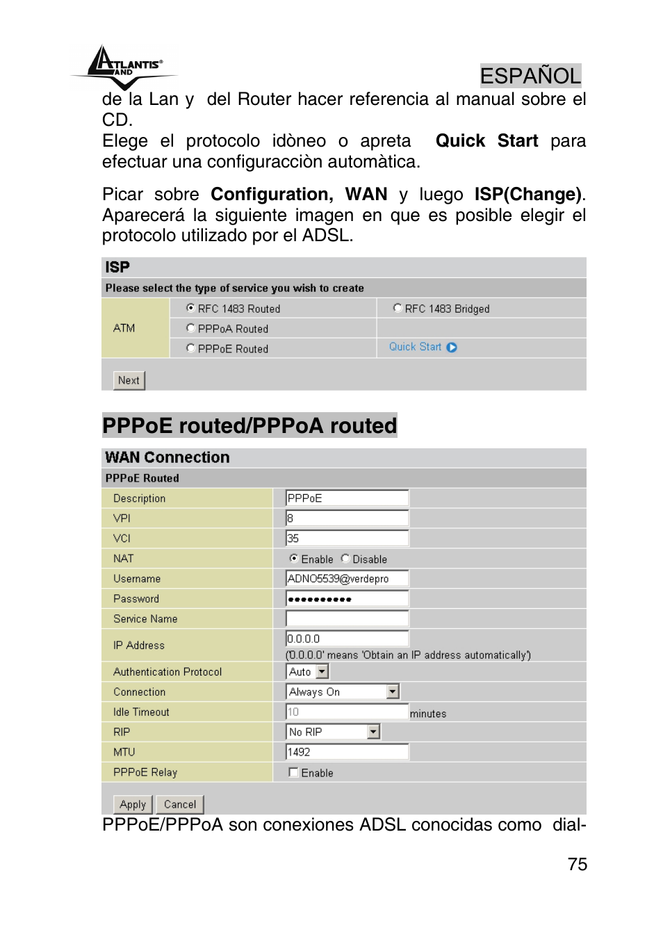 Español, Pppoe routed/pppoa routed | Atlantis Land WEBSHARE A02-RA241 User Manual | Page 75 / 78