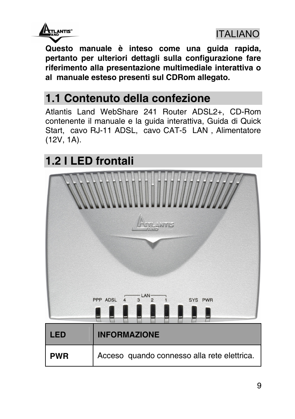 1 contenuto della confezione, 2 i led frontali | Atlantis Land WEBSHARE A02-RA241 User Manual | Page 9 / 78
