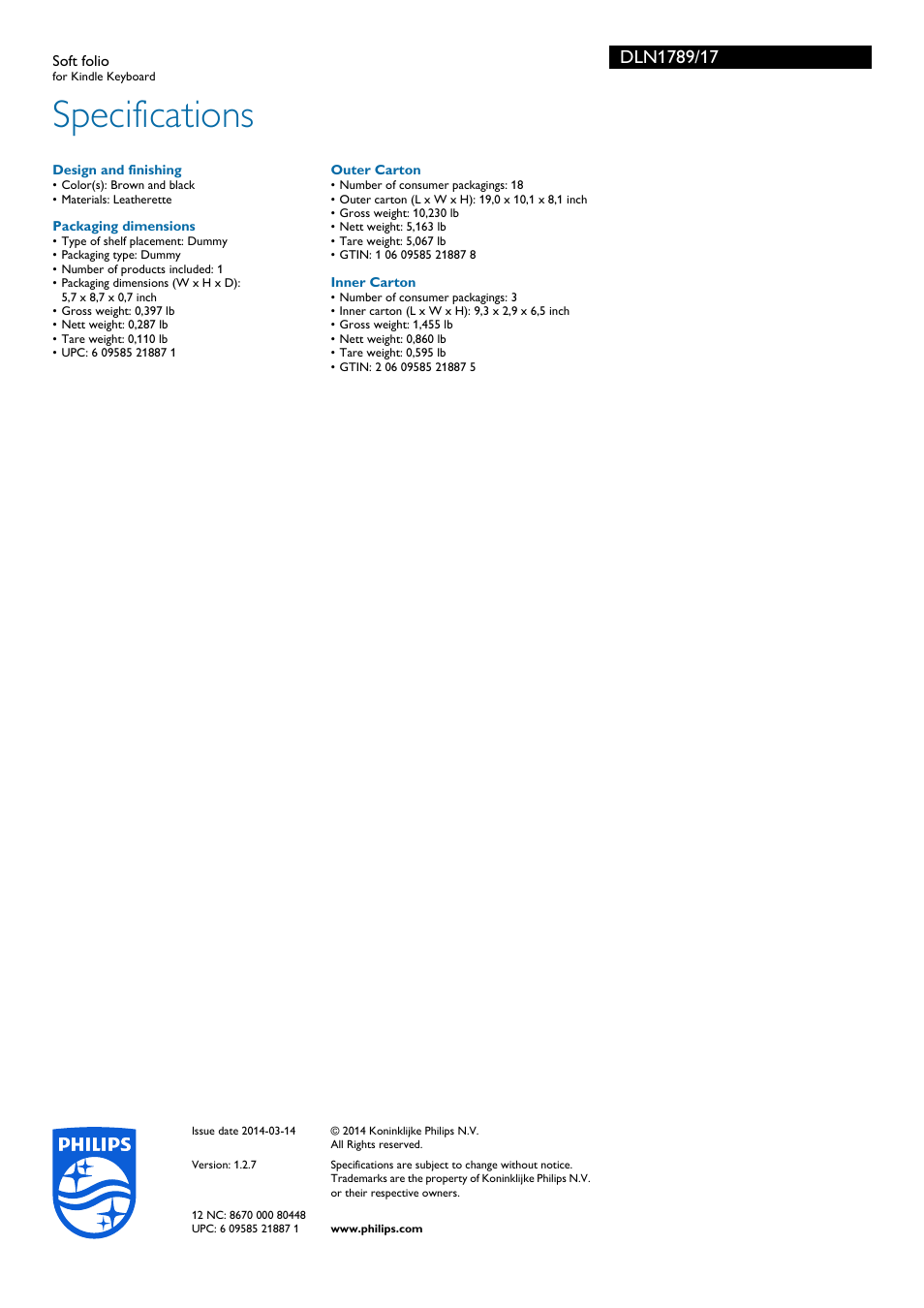 Specifications | Philips DLN1789-17 User Manual | Page 2 / 2