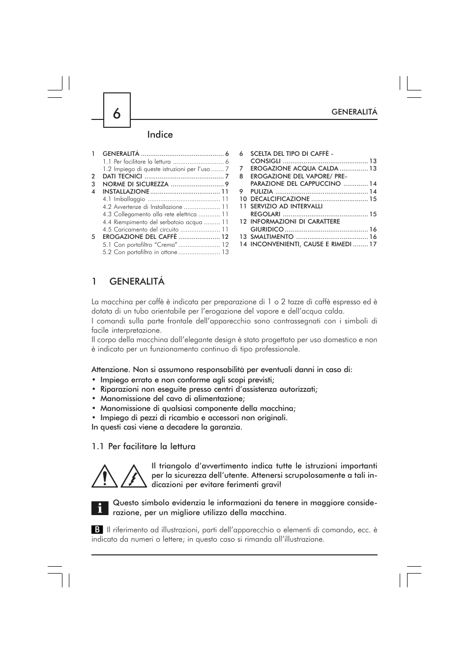 1generalitá, Indice | Philips SAECO GRAN CREMA DE LUXE CUL SIL SIN010 User Manual | Page 6 / 92