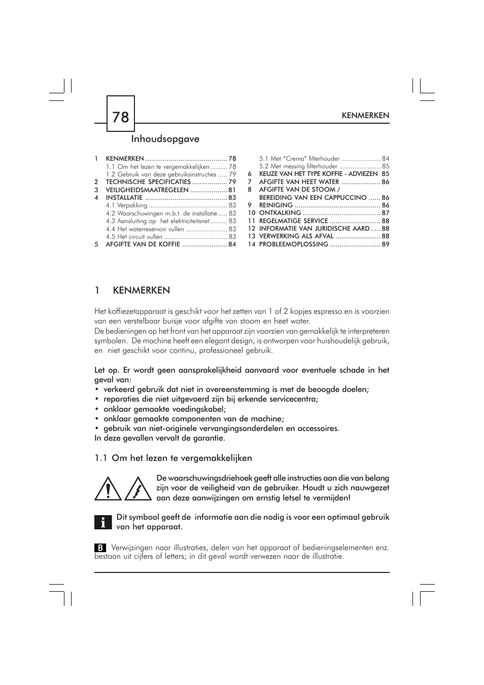 1kenmerken, Inhoudsopgave | Philips SAECO GRAN CREMA DE LUXE CUL SIL SIN010 User Manual | Page 78 / 92