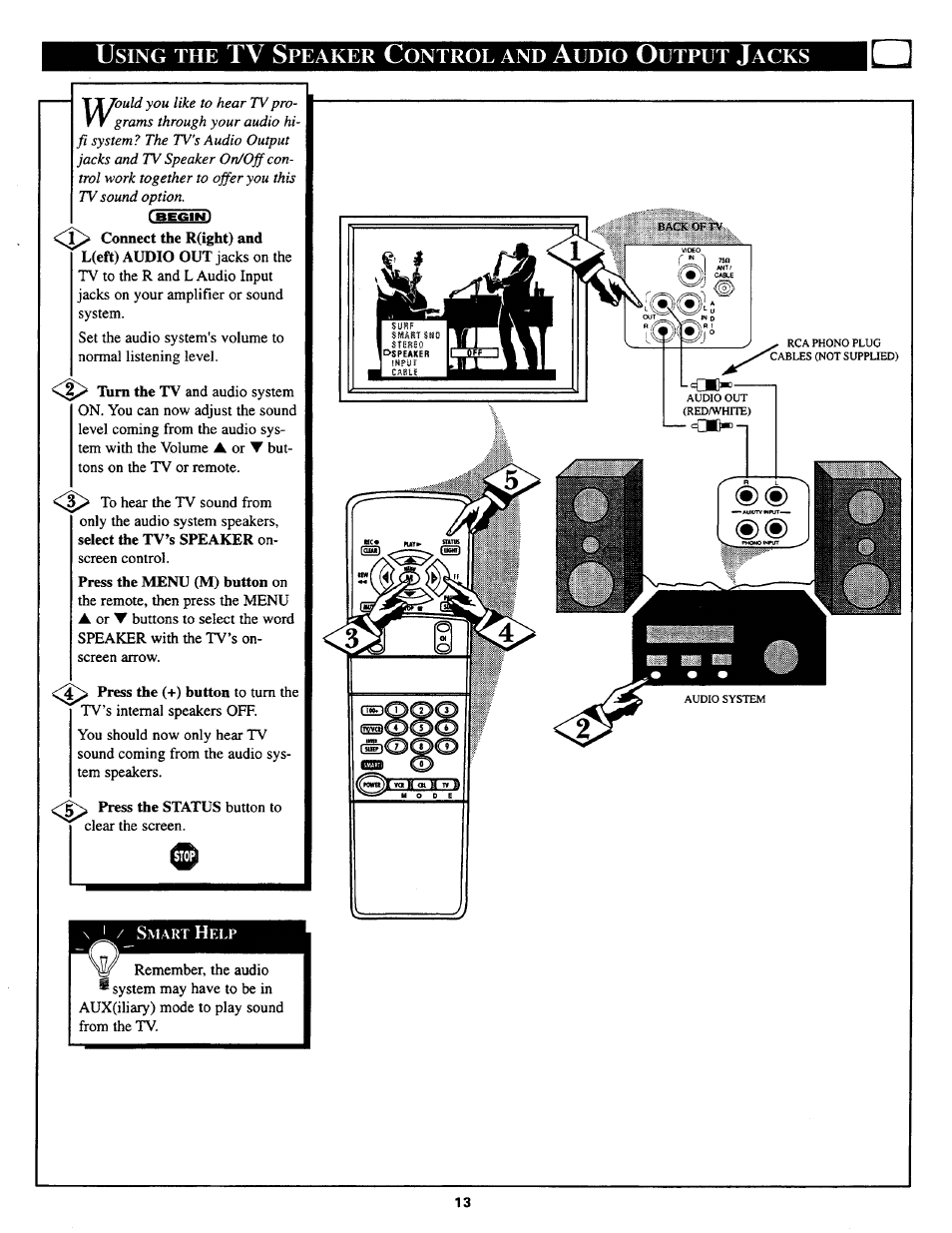 Tv s, Sing, Peaker | Ontrol, Udio, Utput, Acks | Philips TS2768C User Manual | Page 13 / 28