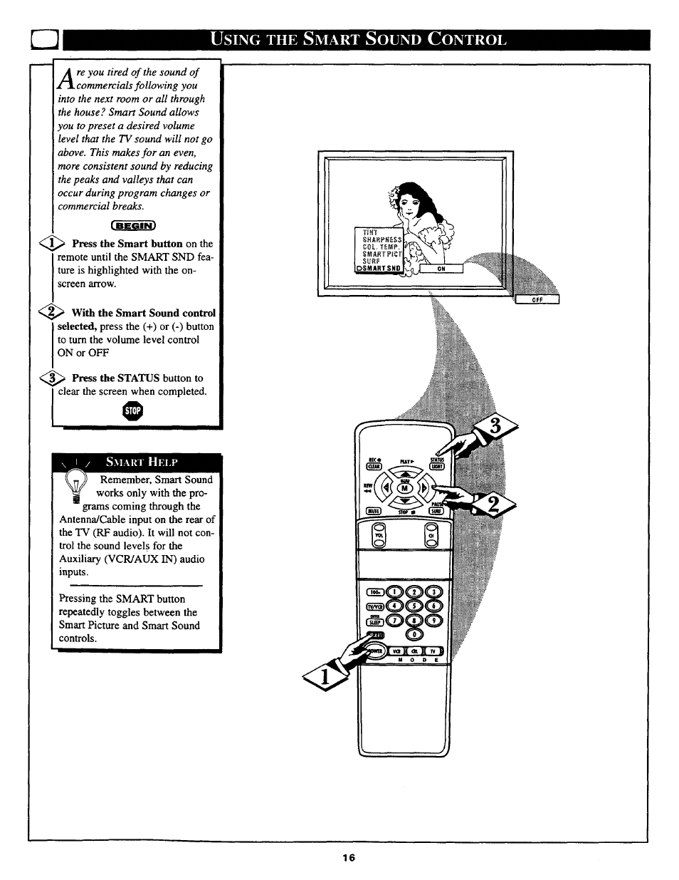 Using the smart sound control, Using the smart picture control, P p q | Philips TS2768C User Manual | Page 16 / 28