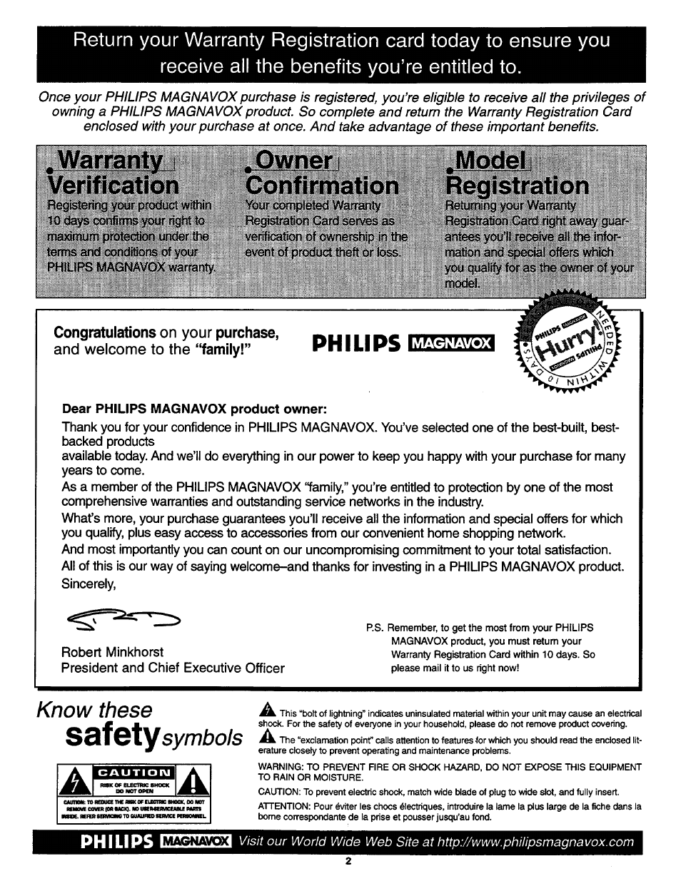 Know these sqîgty symbols, Warranty ! verification, Owner confirmation | Model i registration, Philips | Philips TS2768C User Manual | Page 2 / 28