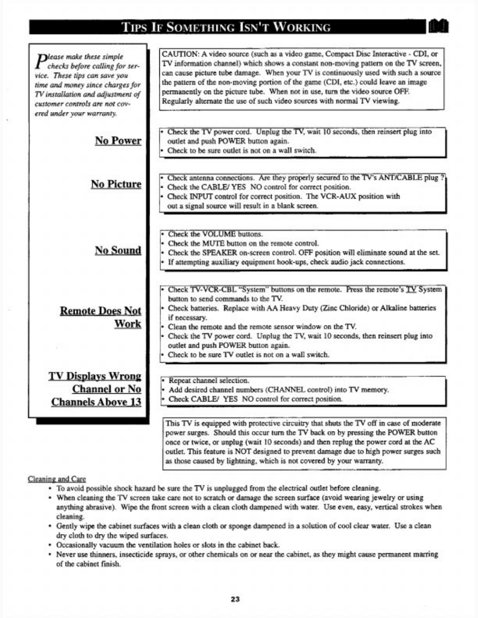 Ckajiina and cate, No pittuff, Remote doe^ no | No sound, Tv displays wrong channei or no channels abovt 13 | Philips TS2768C User Manual | Page 23 / 28