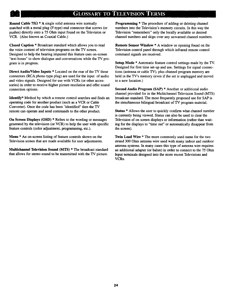 Glossary to television terms, Glossary of tv terms | Philips TS2768C User Manual | Page 24 / 28