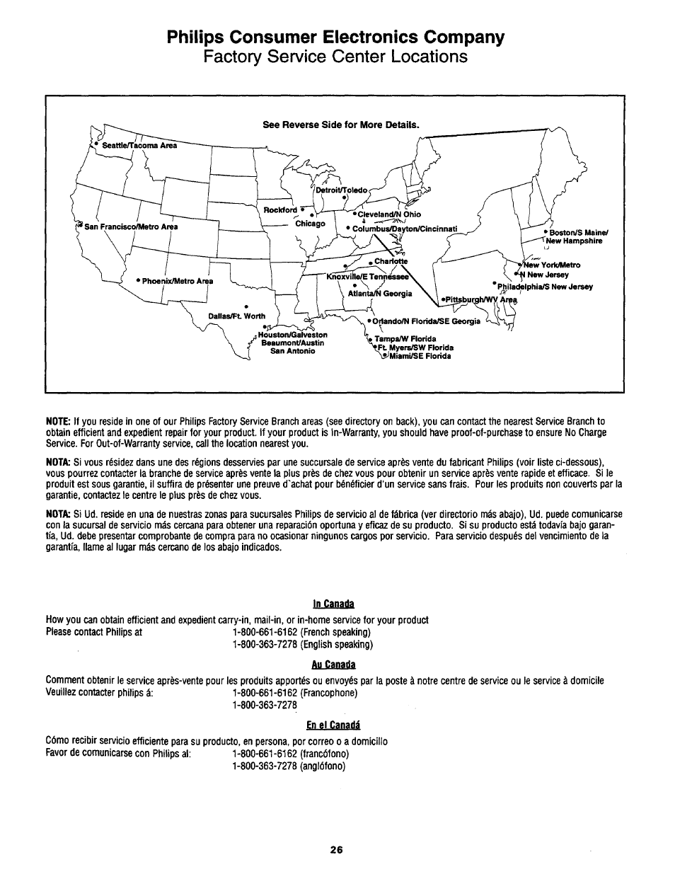 Philips consumer electronics company, Factory service center locations, Factory service locations -27 | Capate | Philips TS2768C User Manual | Page 26 / 28