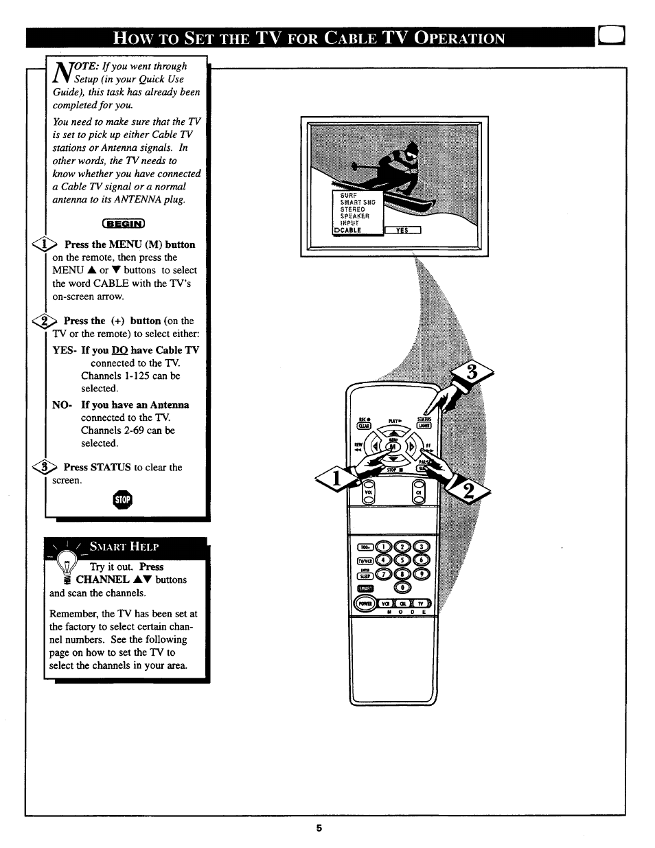 How to set the tv for cable tv operation, Setting the tv for cable tv operation | Philips TS2768C User Manual | Page 5 / 28
