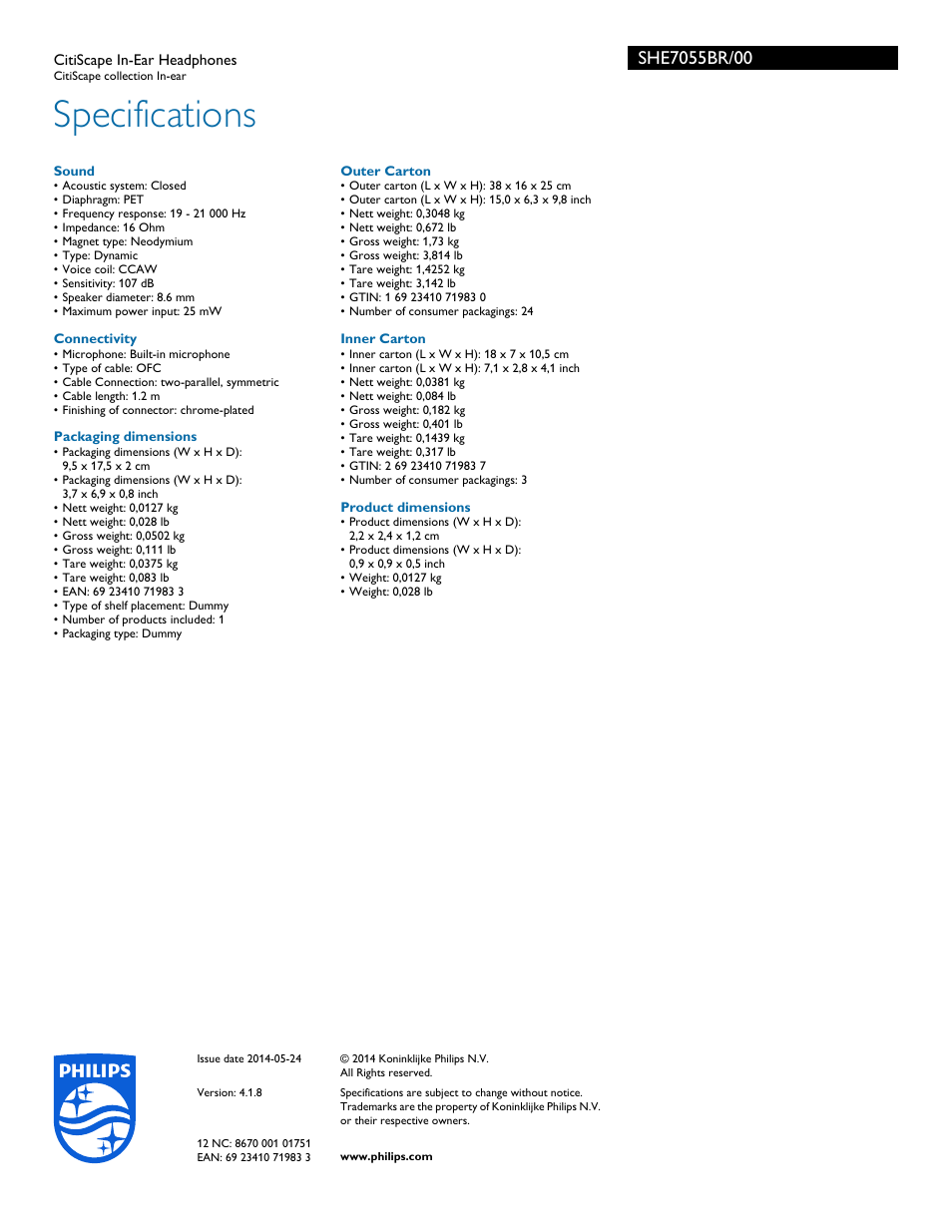 Specifications | Philips SHE7055BR-00 User Manual | Page 3 / 3