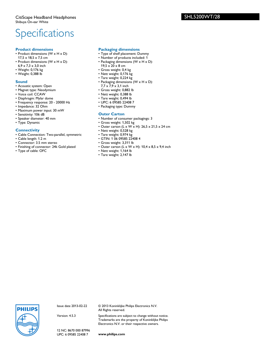 Specifications | Philips SHL5200WT-28 User Manual | Page 3 / 3