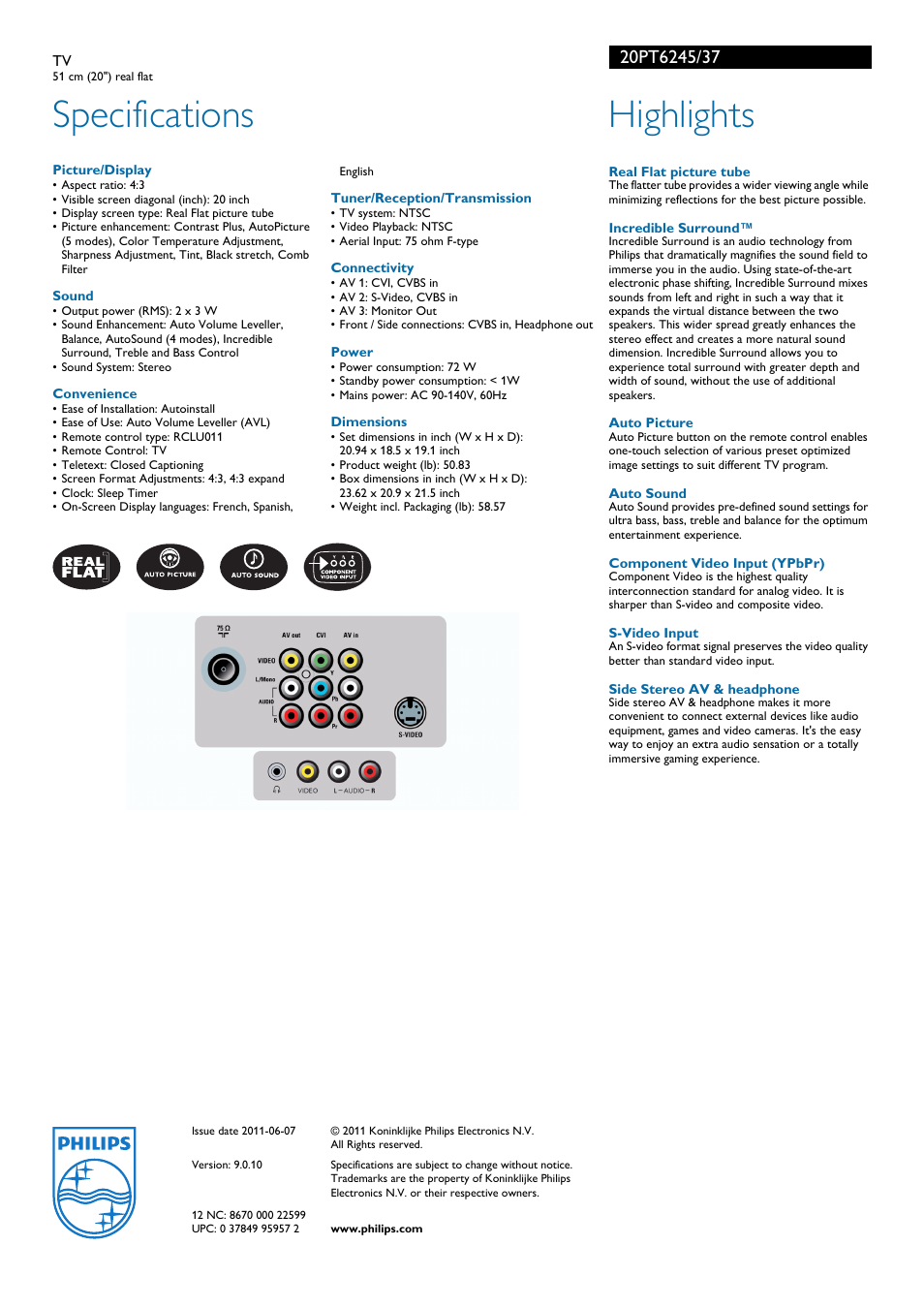 Specifications, Highlights | Philips 20PT6245-37 User Manual | Page 2 / 2