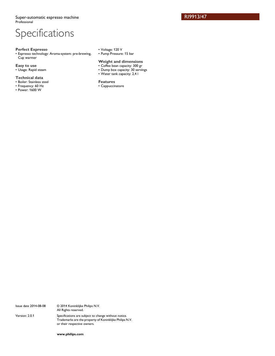 Specifications | Philips RI9913-47 User Manual | Page 3 / 3