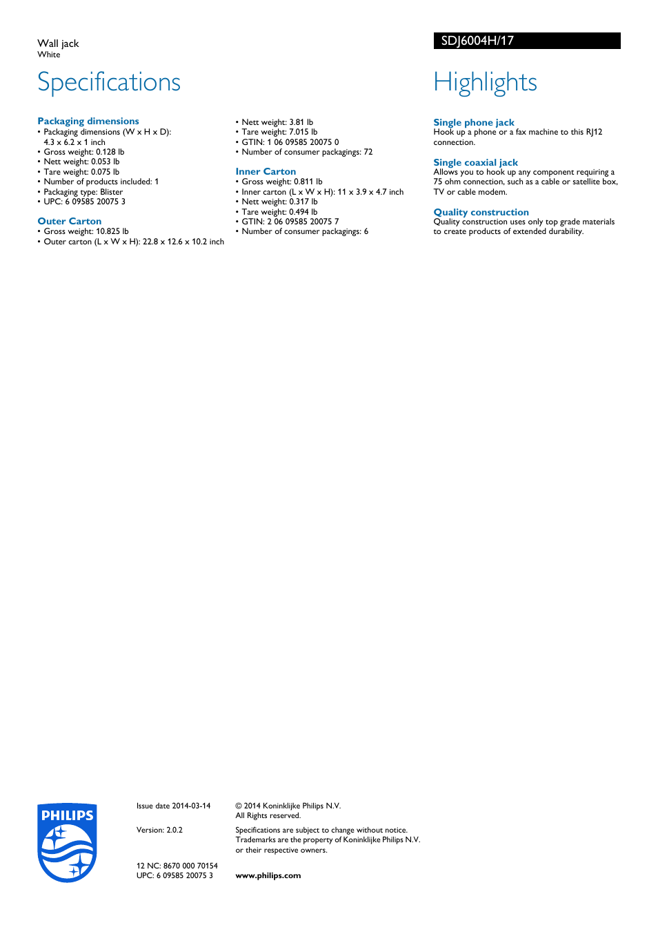 Specifications, Highlights | Philips SDJ6004H-17 User Manual | Page 2 / 2