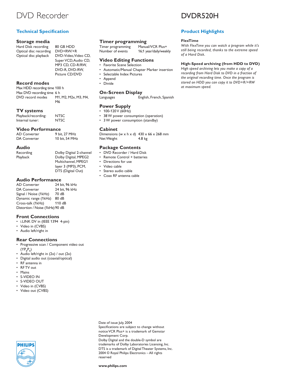 Dvd recorder, Dvdr520h | Philips DVD Recorder-Hard Disk Flex Time User Manual | Page 2 / 2