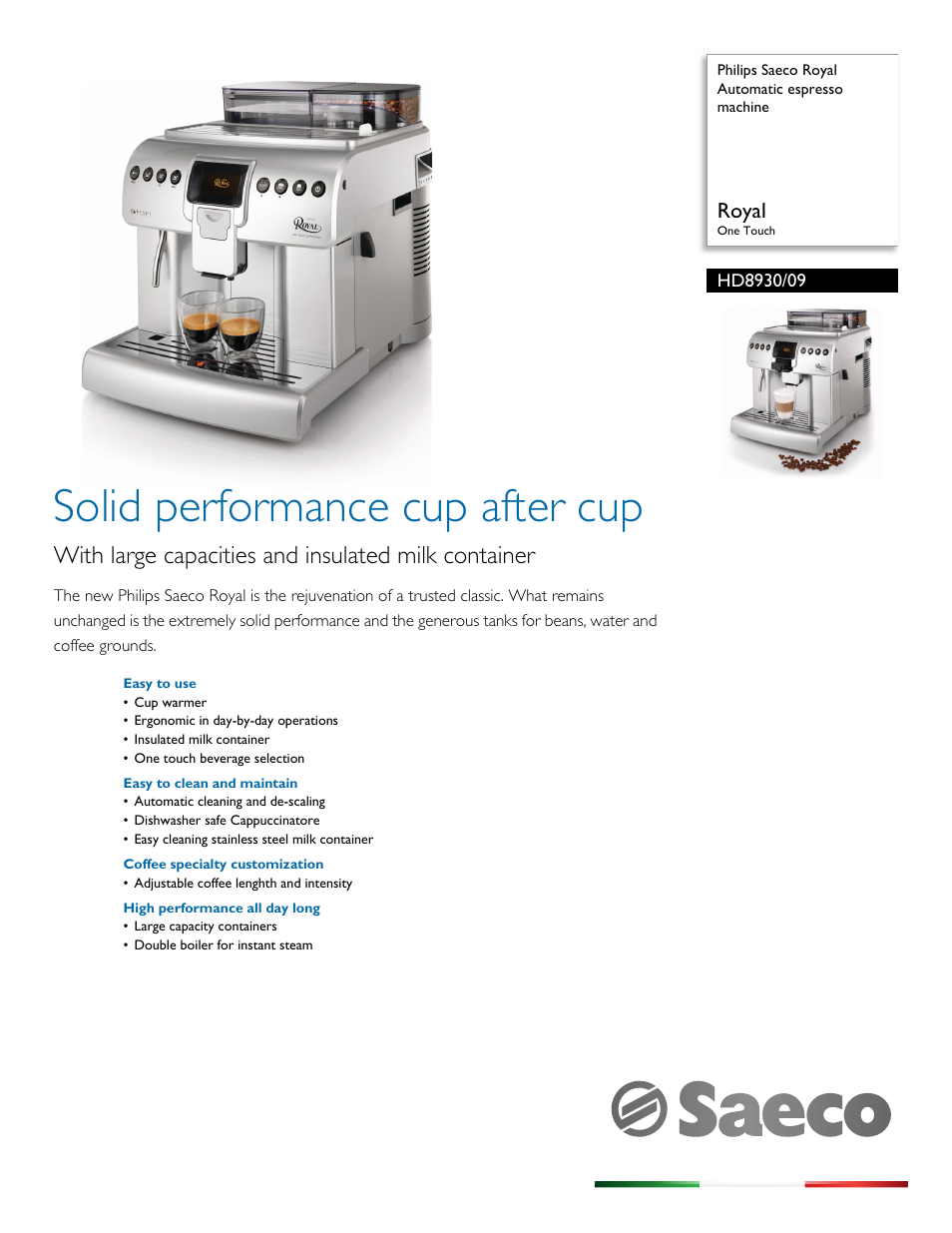 Philips Saeco Royal Automatic espresso machine HD8930-09 Royal One Touch User Manual | 3 pages