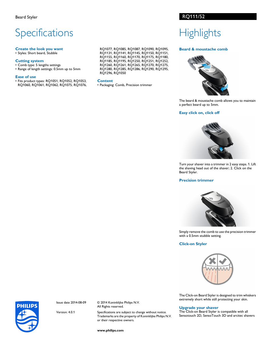 Specifications, Highlights | Philips RQ111-52 User Manual | Page 2 / 2