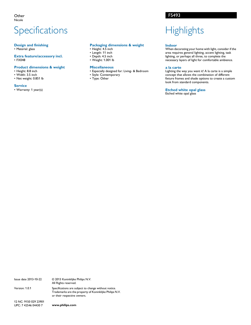 Specifications, Highlights, F5493 | Philips F5493 User Manual | Page 2 / 2