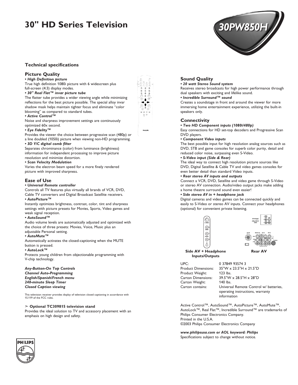 30" hd series television | Philips 30PW850H User Manual | Page 2 / 2