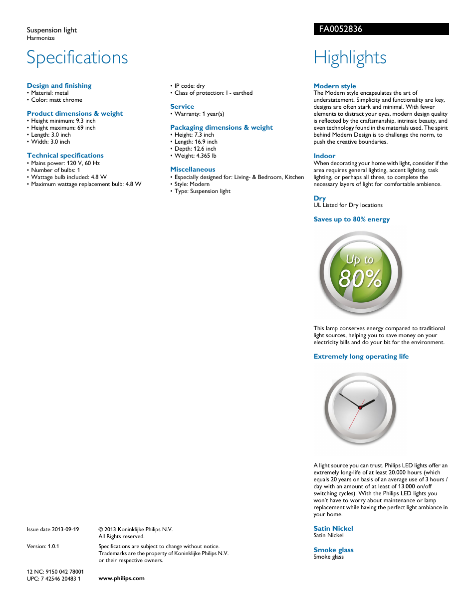 Specifications, Highlights | Philips FA0052836 User Manual | Page 2 / 2