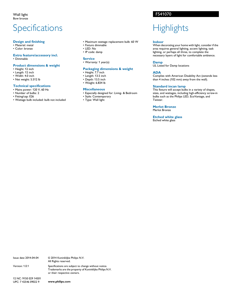 Specifications, Highlights | Philips Forecast myLiving Wall light F5410-70- Bow bronze User Manual | Page 2 / 2