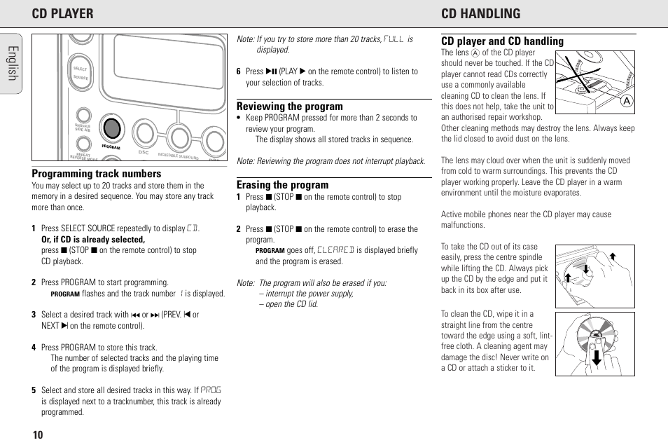 Aenglish cd player cd handling, Programming track numbers, Reviewing the program | Erasing the program, Cd player and cd handling | Philips MC145C-37 User Manual | Page 10 / 148