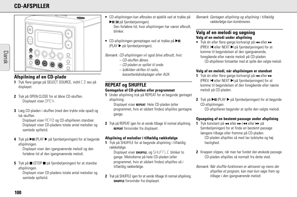 Dansk cd-afspiller, Afspilning af en cd-plade, Repeat og shuffle | Valg af en melodi og søgning, Lo s e | Philips MC145C-37 User Manual | Page 100 / 148