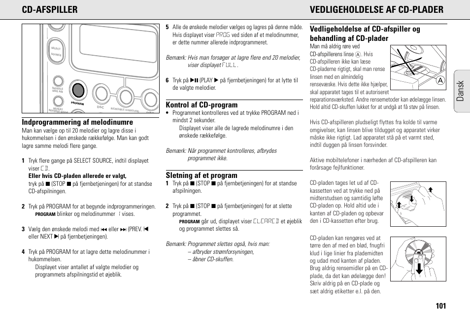 Adansk cd-afspiller vedligeholdelse af cd-plader, Indprogrammering af melodinumre, Kontrol af cd-program | Sletning af et program | Philips MC145C-37 User Manual | Page 101 / 148