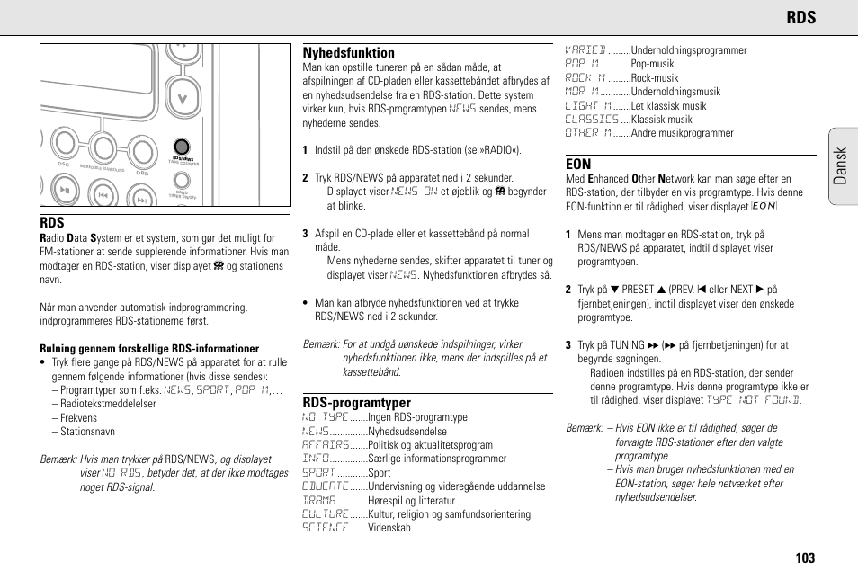 Dansk rds, Nyhedsfunktion, Rds-programtyper | Philips MC145C-37 User Manual | Page 103 / 148