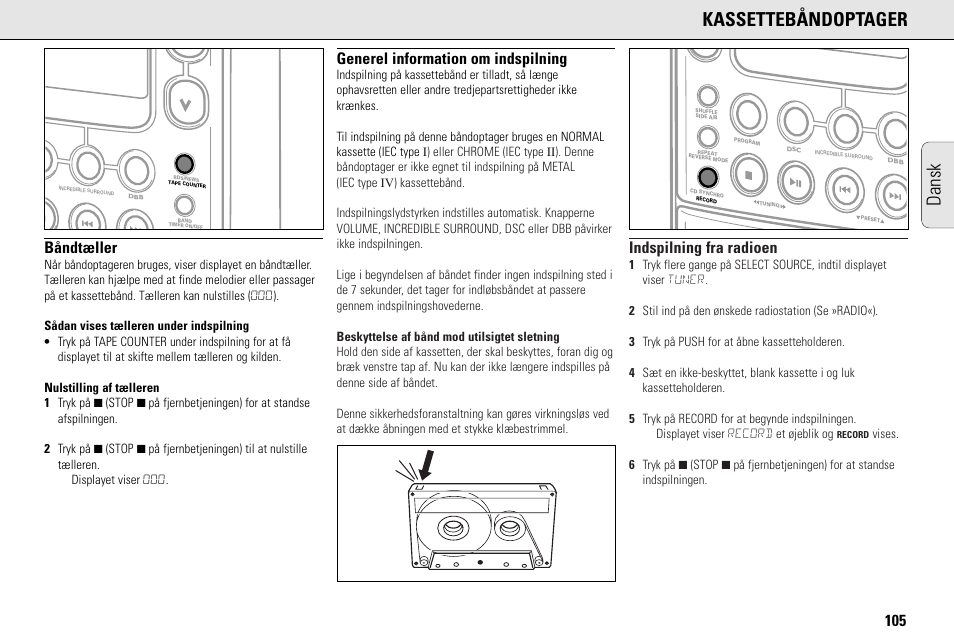 Dansk kassettebåndoptager, Båndtæller, Generel information om indspilning | Indspilning fra radioen | Philips MC145C-37 User Manual | Page 105 / 148