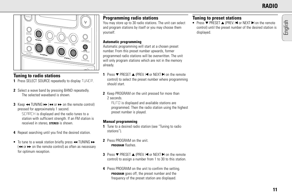 English radio, Tuning to radio stations, Programming radio stations | Tuning to preset stations | Philips MC145C-37 User Manual | Page 11 / 148