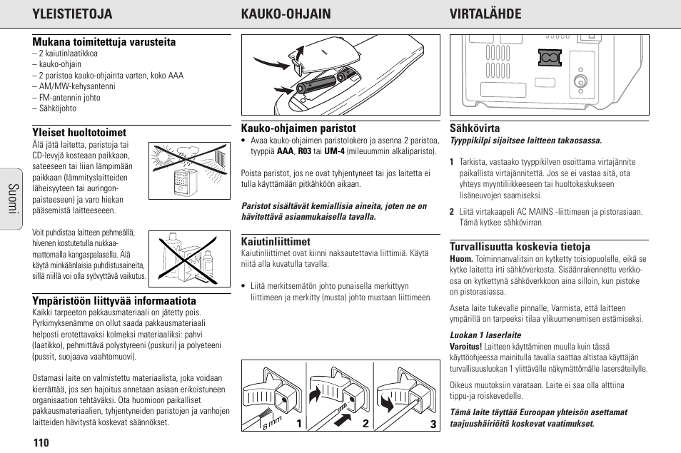 Yleistietoja kauko-ohjain virtalähde, Suomi | Philips MC145C-37 User Manual | Page 110 / 148