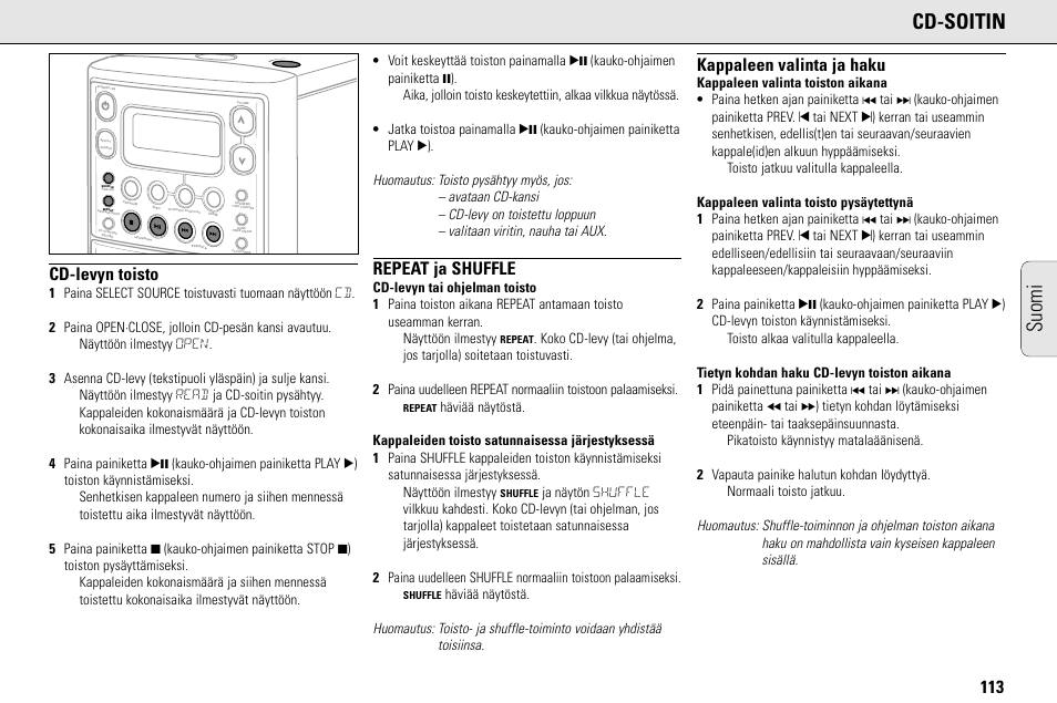Cd-soitin, Suomi, Cd-levyn toisto | Repeat ja shuffle, Kappaleen valinta ja haku, Lo s e | Philips MC145C-37 User Manual | Page 113 / 148