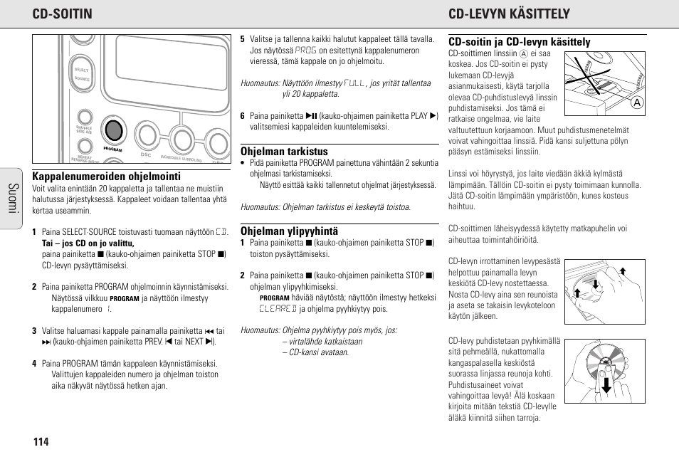 Acd-soitin cd-levyn käsittely, Suomi, Kappalenumeroiden ohjelmointi | Ohjelman tarkistus, Ohjelman ylipyyhintä, Cd-soitin ja cd-levyn käsittely | Philips MC145C-37 User Manual | Page 114 / 148
