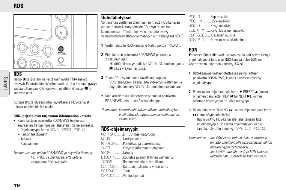 Suomi, Uutislähetykset, Rds-ohjelmatyypit | Philips MC145C-37 User Manual | Page 116 / 148