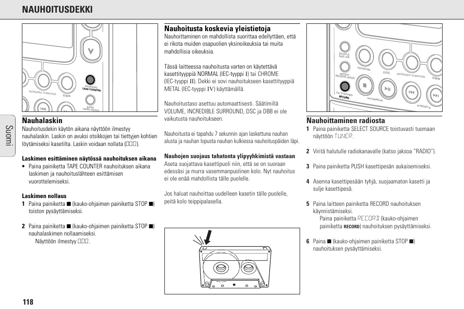 Nauhoitusdekki, Suomi, Nauhalaskin | Nauhoitusta koskevia yleistietoja, Nauhoittaminen radiosta | Philips MC145C-37 User Manual | Page 118 / 148