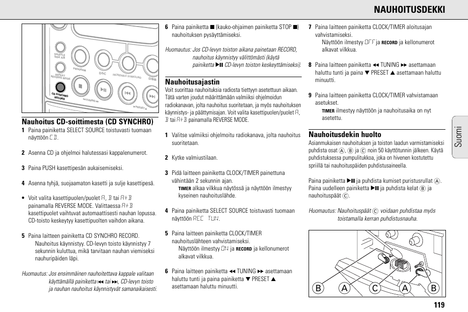 Ab a c b, Nauhoitusdekki, Suomi | Nauhoitus cd-soittimesta (cd synchro), Nauhoitusajastin, Nauhoitusdekin huolto | Philips MC145C-37 User Manual | Page 119 / 148