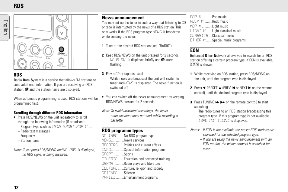 English rds, News announcement, Rds programm types | Philips MC145C-37 User Manual | Page 12 / 148