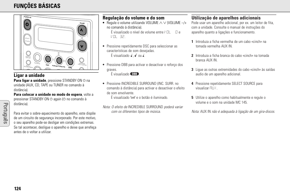 Português funções básicas, Ligar a unidade, Regulação do volume e do som | Utilização de aparelhos adicionais | Philips MC145C-37 User Manual | Page 124 / 148