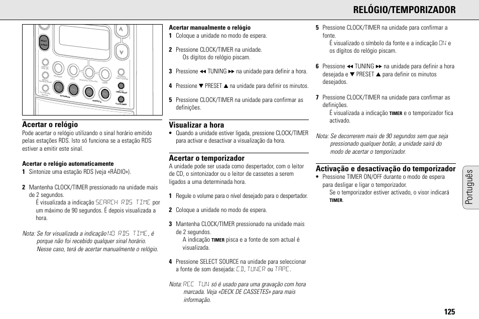 Português relógio/temporizador, Acertar o relógio, Visualizar a hora | Acertar o temporizador, Activação e desactivação do temporizador | Philips MC145C-37 User Manual | Page 125 / 148