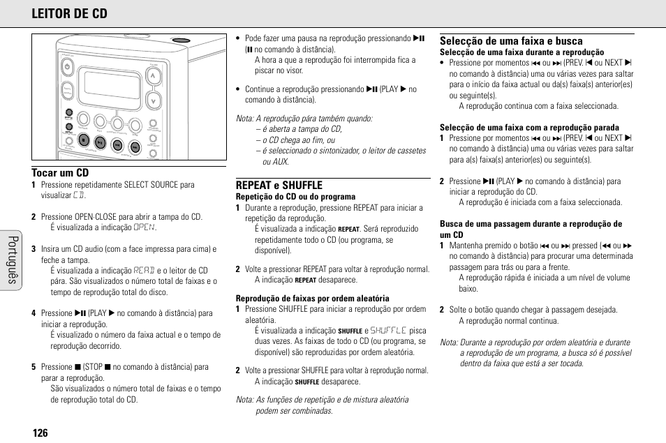 Português leitor de cd, Tocar um cd, Repeat e shuffle | Selecção de uma faixa e busca, Lo s e | Philips MC145C-37 User Manual | Page 126 / 148